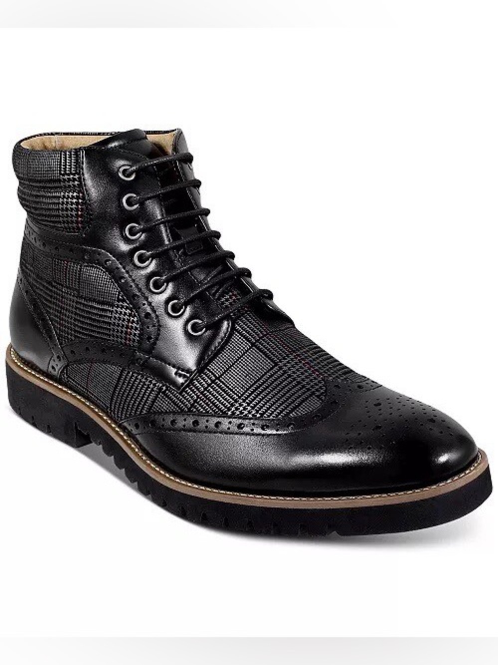 Stacy Adams Barker Wingtip Boots in Black Leather and Printed Suede - Size 9